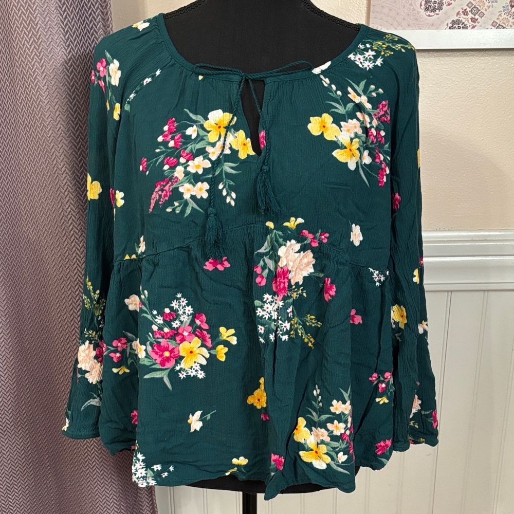 Floral Peasant Blouse in Deep Teal with Tassel Tie